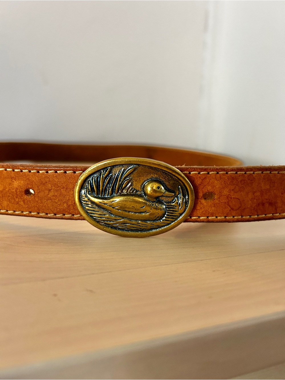 VINTAGE Mallard Duck Belt Brown Leather Brass 90s Cottagecore Country Farm Retro
